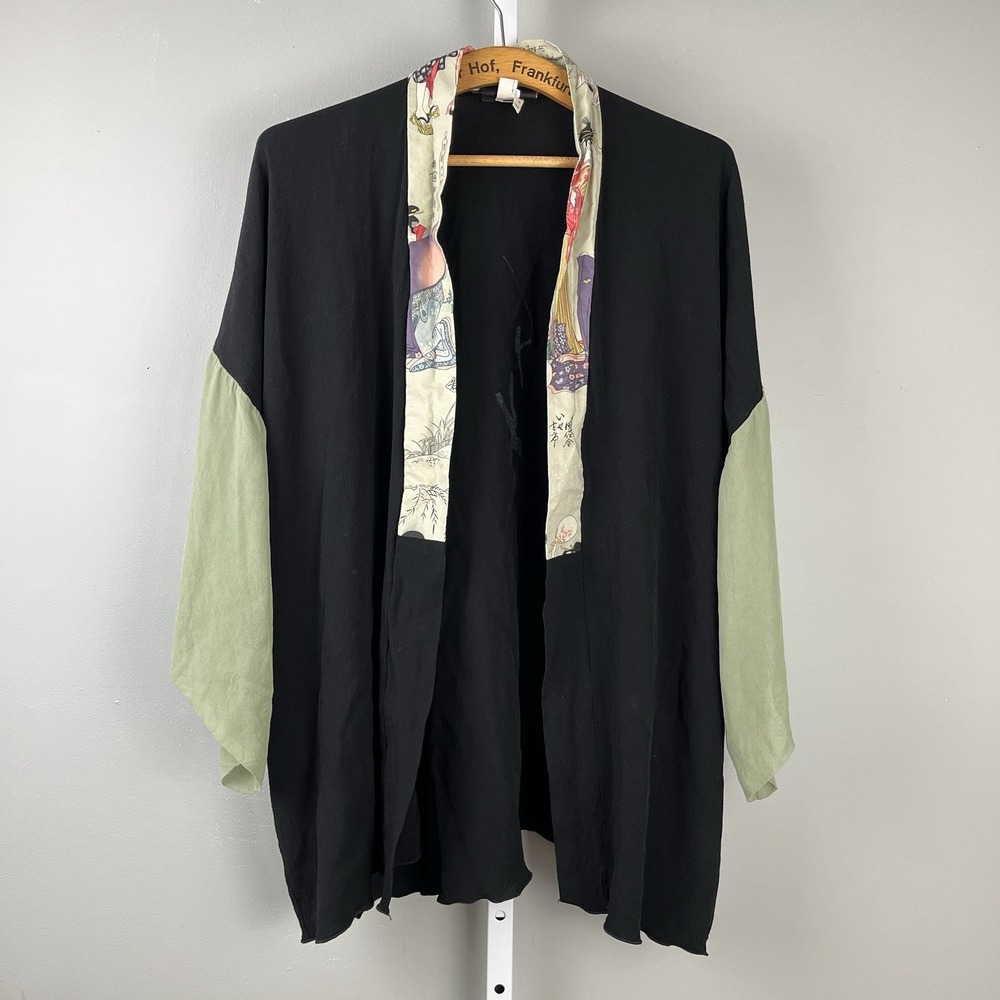 AHNI Asian Themed Kimino Cardigan Jacket Size 3 Womens XL Black Green Artsy‎